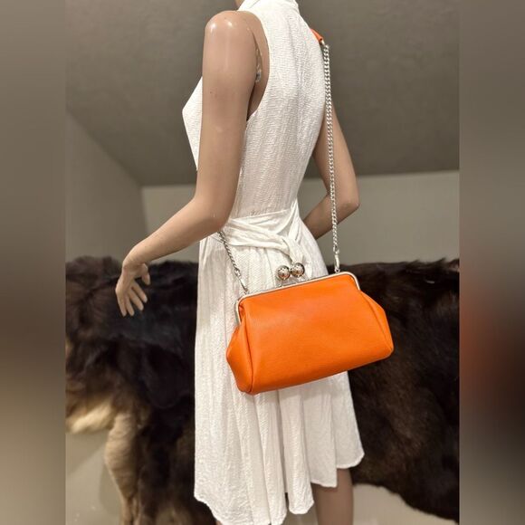 Orange Pebble Leather Handmade Large Balls Kiss Lock Handbag/ Multi Use Style - Picture 8 of 16
